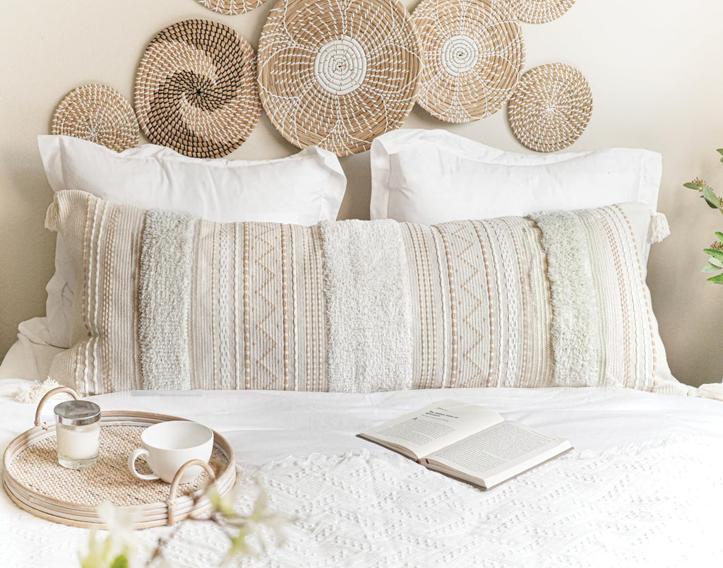 Cream Decorative Lumbar Throw Pillow Cover 14x36 Boho Long Cushion for Bed Neutral Accent Farmhouse Pillowcase for Bedroom Living Room Couch Sofa Home Décor (Cover ONLY, Pack of 1)