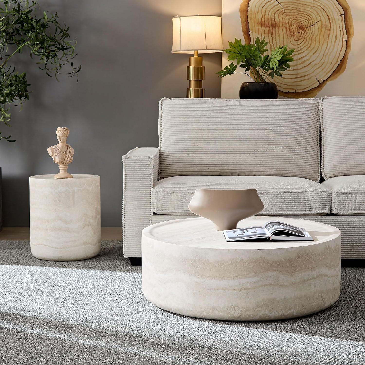 Round Coffee Table for Living Room Circle Coffee Table Modern Drum Center Table for Apartment, No Need Assembly (Fiberglass 31.49'' Mars Pattern)