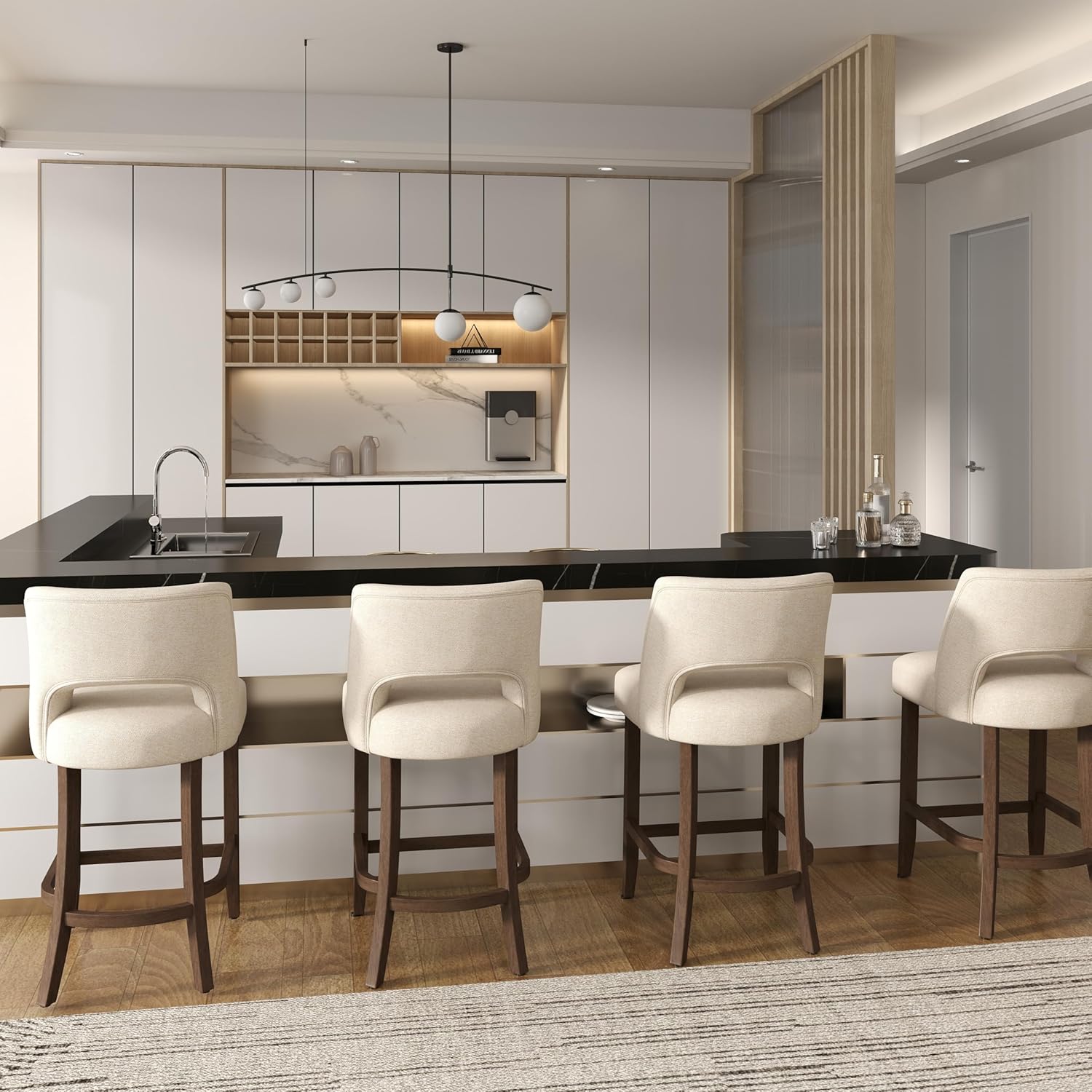 VKNOW Bar Stools Set of 4,Upholstered Counter Height Bar Stools,Modern Counter Stools with Wood Legs for Kitchen Island Dining Room Bar,Beige