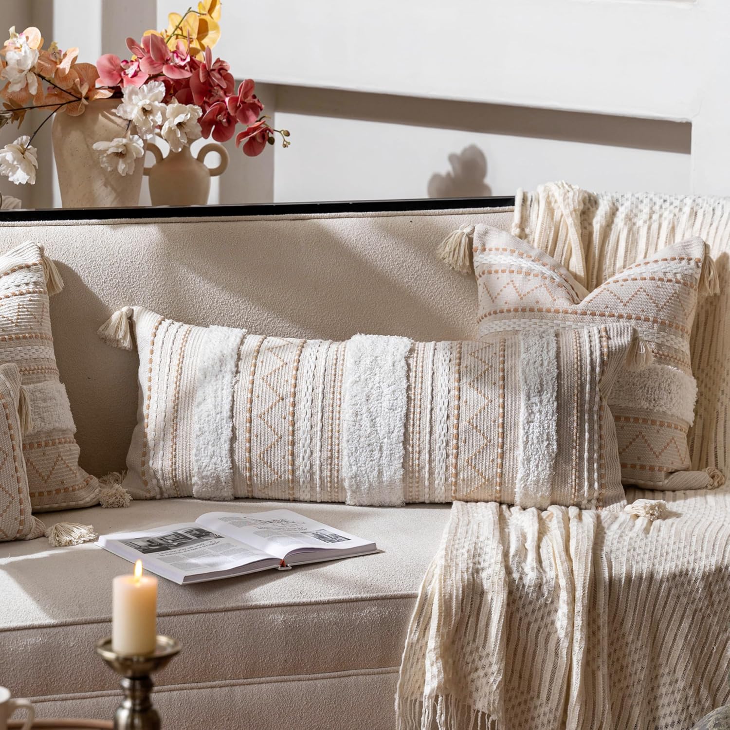 Cream Decorative Lumbar Throw Pillow Cover 14x36 Boho Long Cushion for Bed Neutral Accent Farmhouse Pillowcase for Bedroom Living Room Couch Sofa Home Décor (Cover ONLY, Pack of 1)