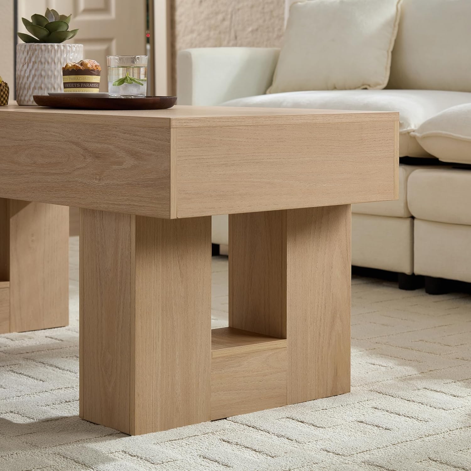 Modern Coffee Table for Living Room, Wood Rectangular Living Room Table with Sturdy Wooden Legs, Easy Assembly, 47" W x 19" D, Natural Oak