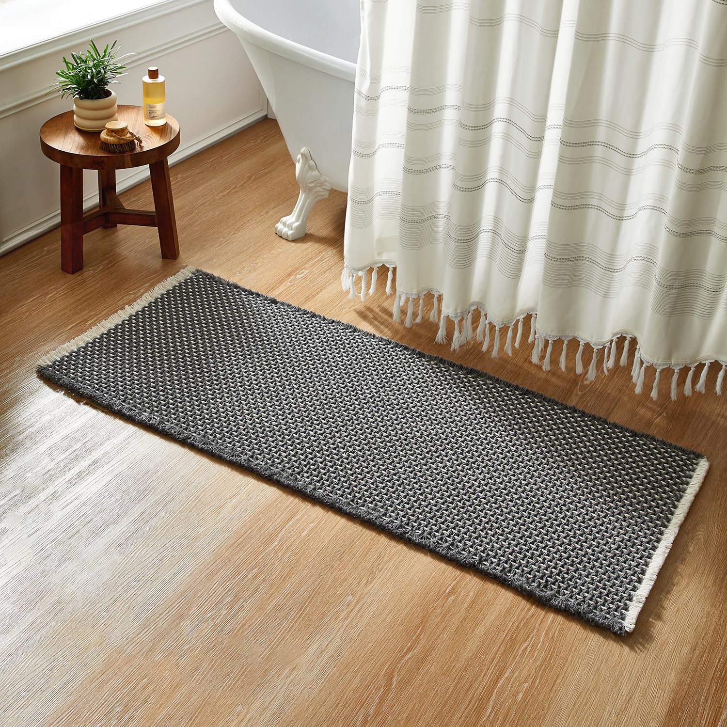 Boho Bathroom Rugs, Super Absorbent Non Slip Waffle Bath Mat Quick Dry Bath Rugs Washable Boho Farmhouse Bathroom Rugs, Dark Grey 72"x24"