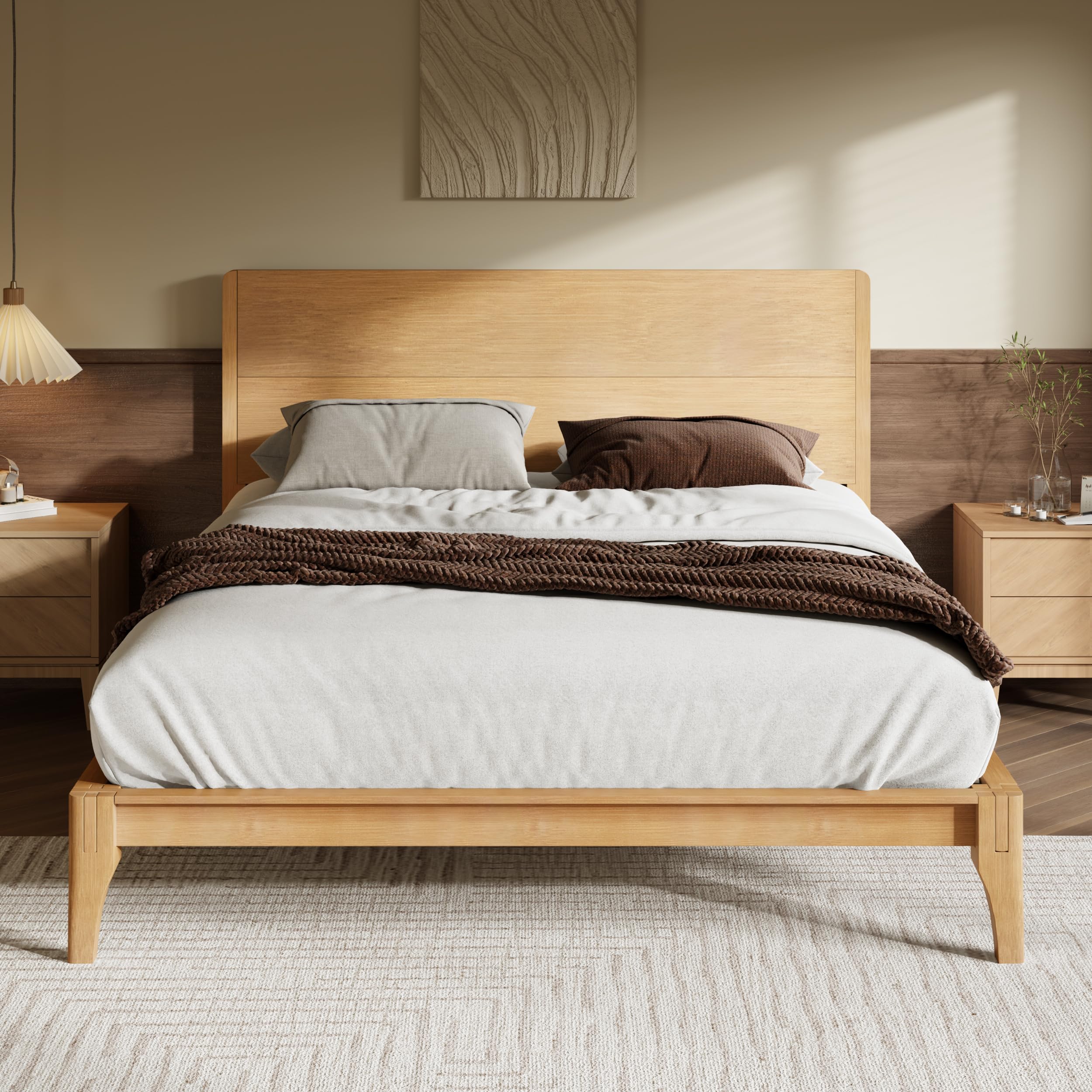 Merax Queen Size Bamboo Platform Bed, Mid-Century Modern Bed Frame with Tall Headboard, Solid Sustainable Bedframe Queen-size, Wood Slat Support, No Box Spring Needed, Easy Assembly, Noise Free, Brown