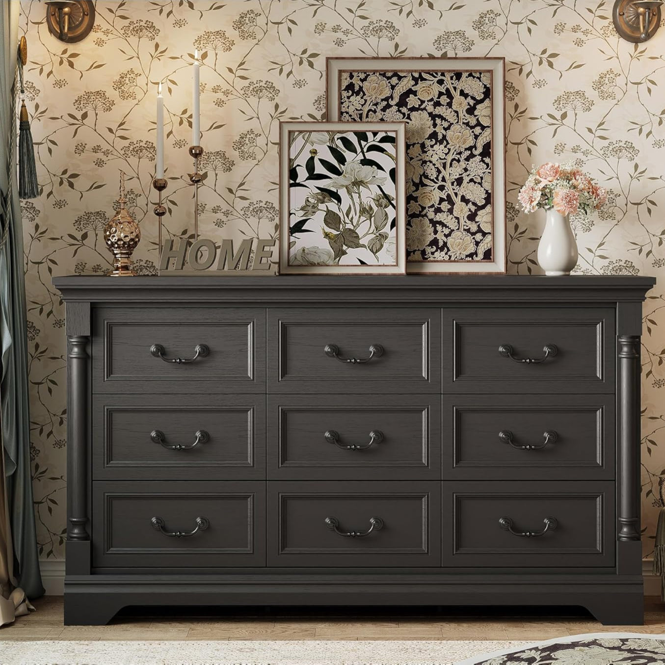 LIKIMIO Farmhouse Dresser for Bedroom with 9 Drawers, 58" Wide Wood Chest of Drawers with Roman Column, Dresser TV Stand for 65", Closet Storage Dressers Organizer for Bedroom, Living Room, Hallway