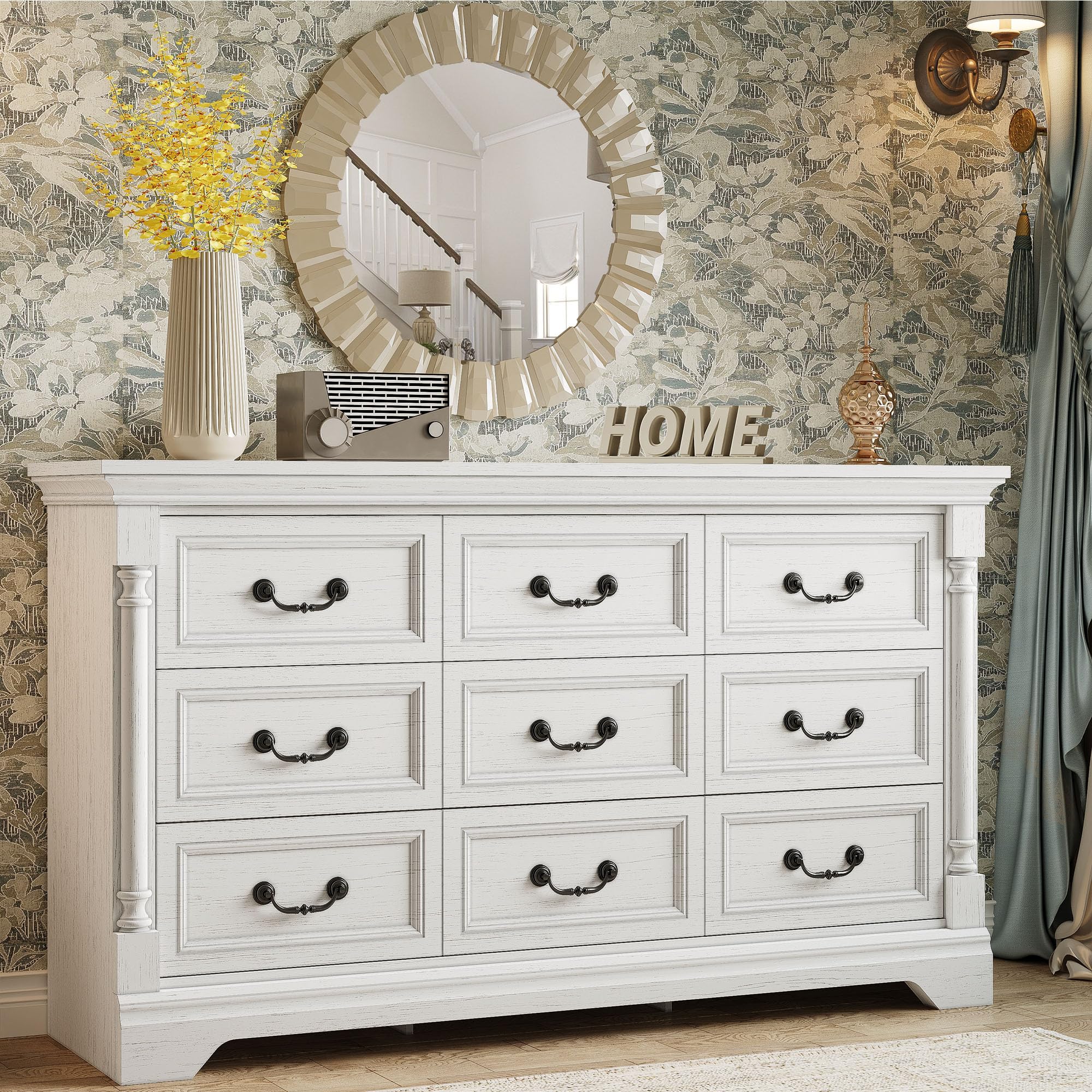 LIKIMIO Farmhouse Dresser for Bedroom with 9 Drawers, 58" Wide Wood Chest of Drawers with Roman Column, Dresser TV Stand for 65", Closet Storage Dressers Organizer for Bedroom, Living Room, Hallway