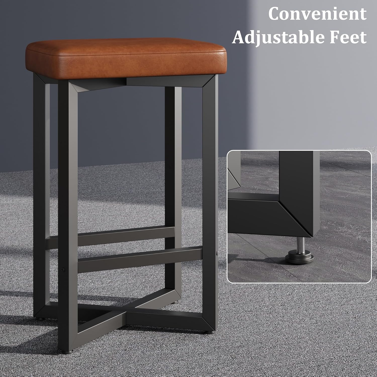 IDEALHOUSE Bar Stools Set of 4, 24.6" Counter Height Backless Barstools, Upholstered PU Leather Seats with Metal X-Frame & Footrest, Modern Kitchen Stools for Home Bar, Dining Room, Brown