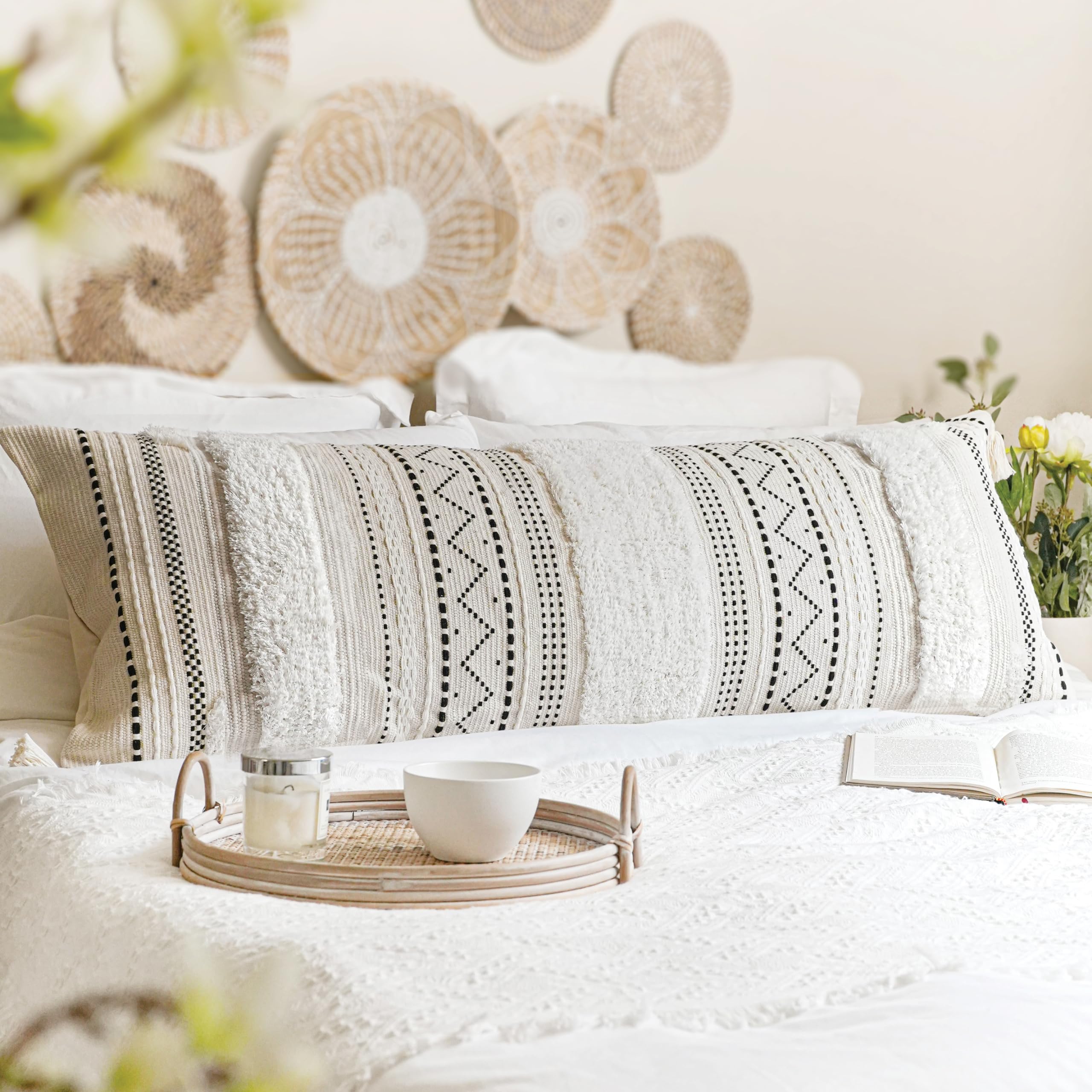Cream Decorative Lumbar Throw Pillow Cover 14x36 Boho Long Cushion for Bed Neutral Accent Farmhouse Pillowcase for Bedroom Living Room Couch Sofa Home Décor (Cover ONLY, Pack of 1)