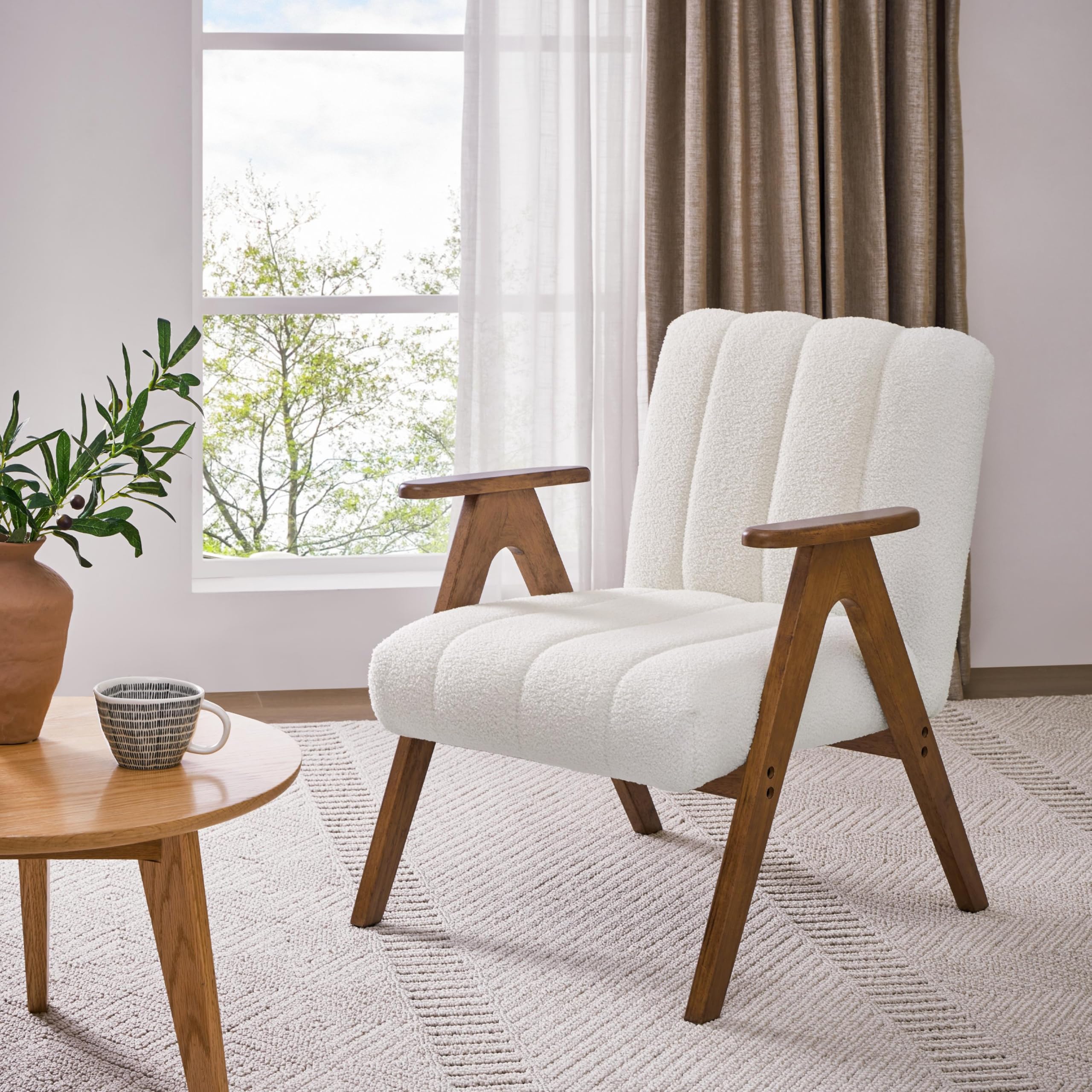 Yaheetech Boucle Fabric Mid Century Accent Chair Set of 2, Modern Upholstered Living Room Chairs with Solid Wood Legs, Reading Armchair for Small Spaces Bedroom