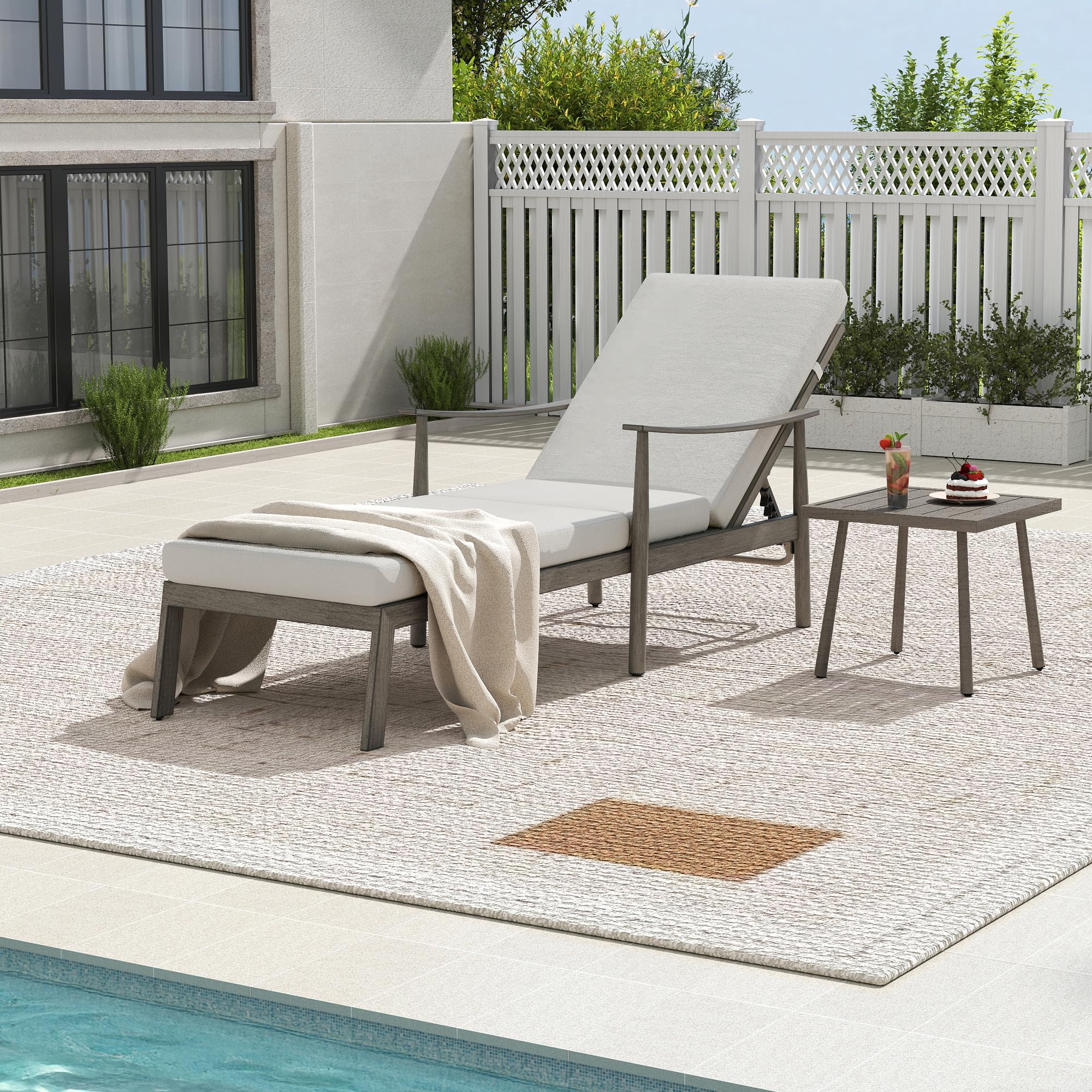 HAPPATIO Outdoor Chaise Lounge Set of 3, Adjustable Aluminum Pool Lounge Chair with Cushion and Side Table, Curved Armrest, Outdoor Lounge Chair for Beach, Yard, or Poolside (Brown)