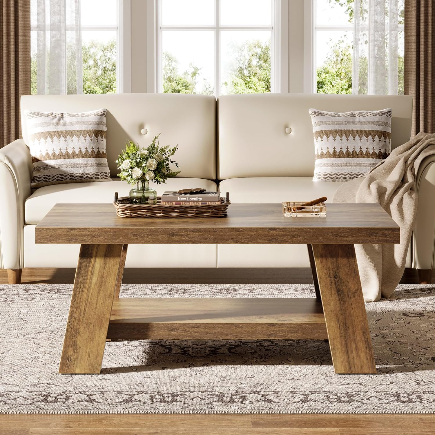 Tribesigns Farmhouse Coffee Table, Rustic Coffee Tables for Living Room, 47.24" Rectangular Wood Living Room Tables, 2-Tier Center Table with Storage for Apartment, Bedroom, Office (Rustic Brown)