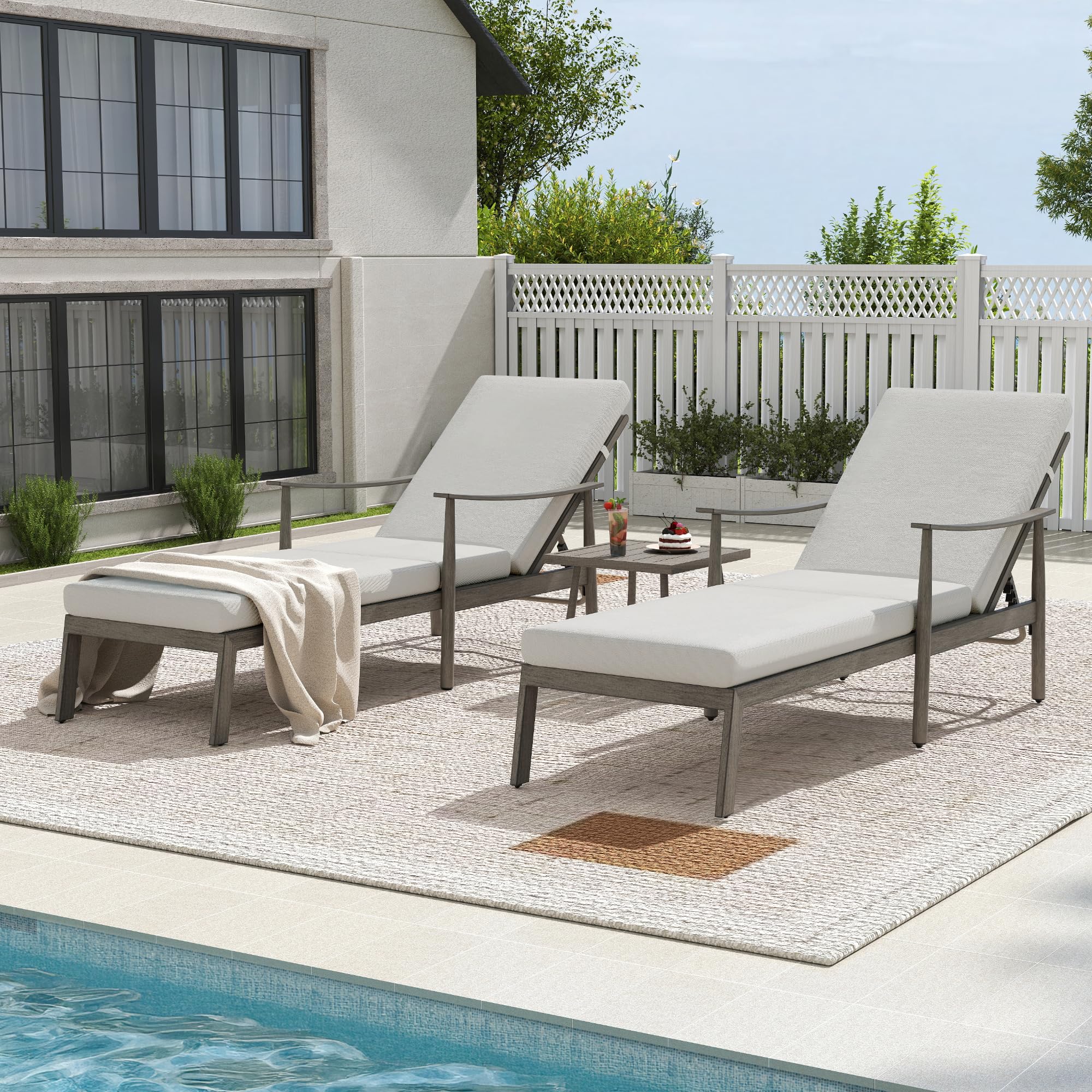 HAPPATIO Outdoor Chaise Lounge Set of 3, Adjustable Aluminum Pool Lounge Chair with Cushion and Side Table, Curved Armrest, Outdoor Lounge Chair for Beach, Yard, or Poolside (Brown)