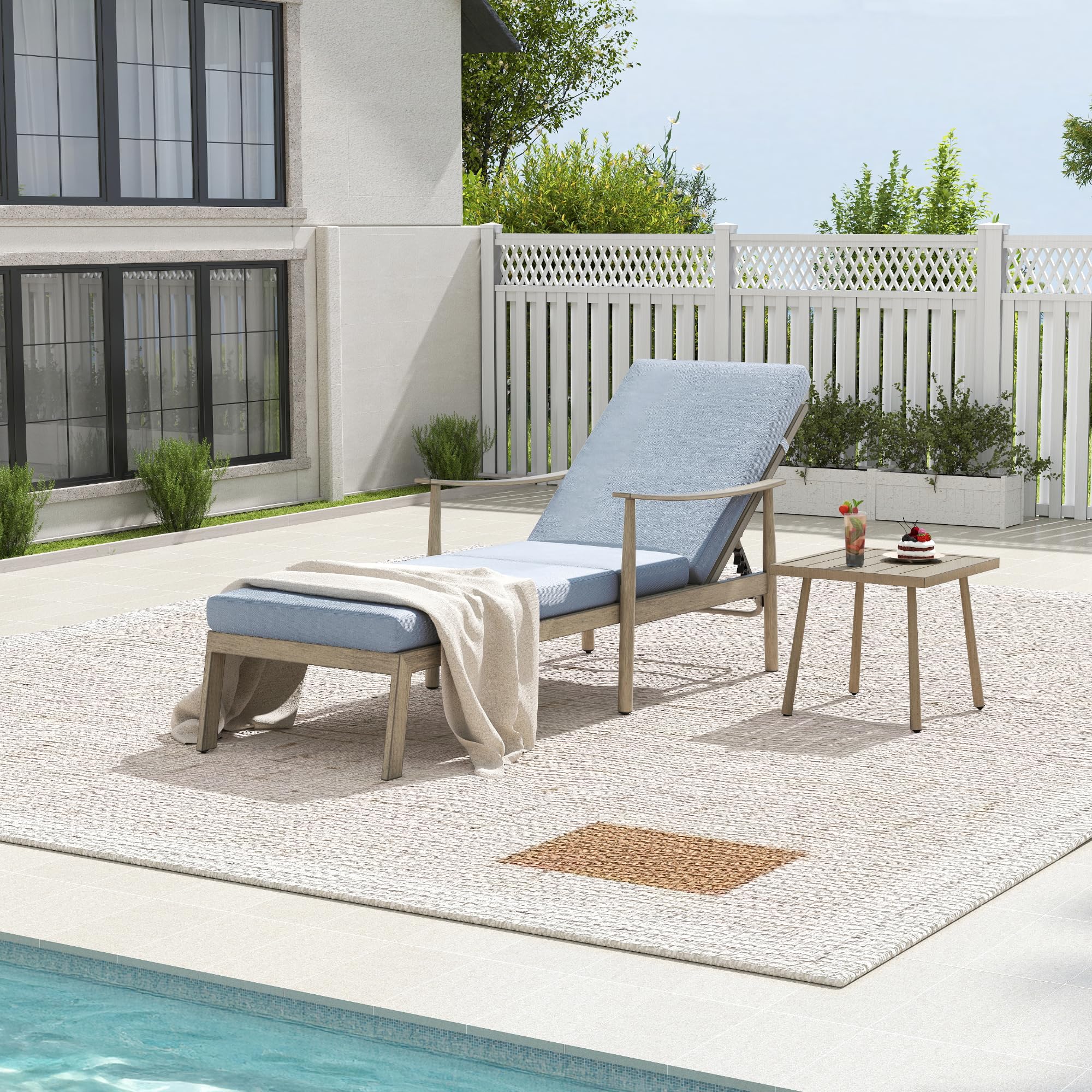 HAPPATIO Outdoor Chaise Lounge Set of 3, Adjustable Aluminum Pool Lounge Chair with Cushion and Side Table, Curved Armrest, Outdoor Lounge Chair for Beach, Yard, or Poolside (Brown)