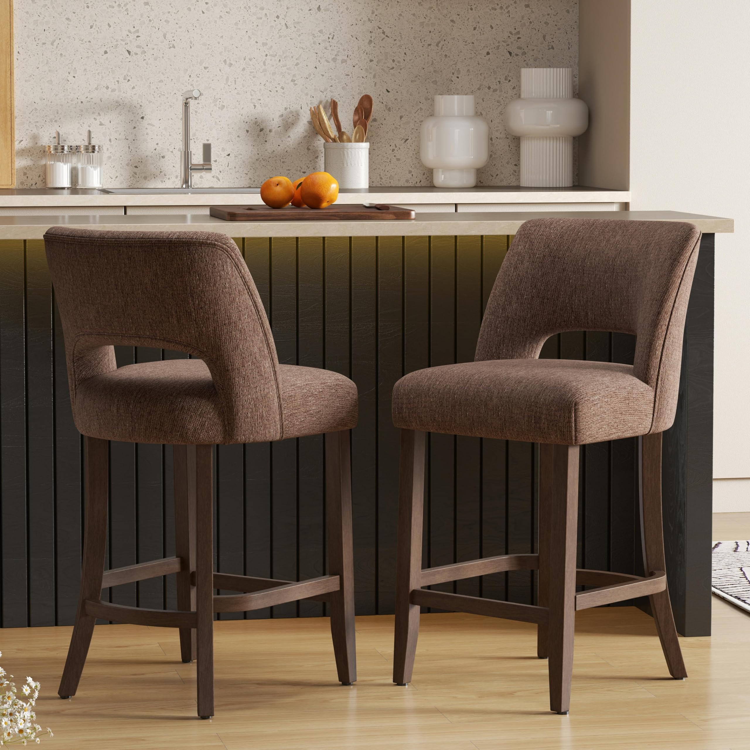 VKNOW Bar Stools Set of 4,Upholstered Counter Height Bar Stools,Modern Counter Stools with Wood Legs for Kitchen Island Dining Room Bar,Beige