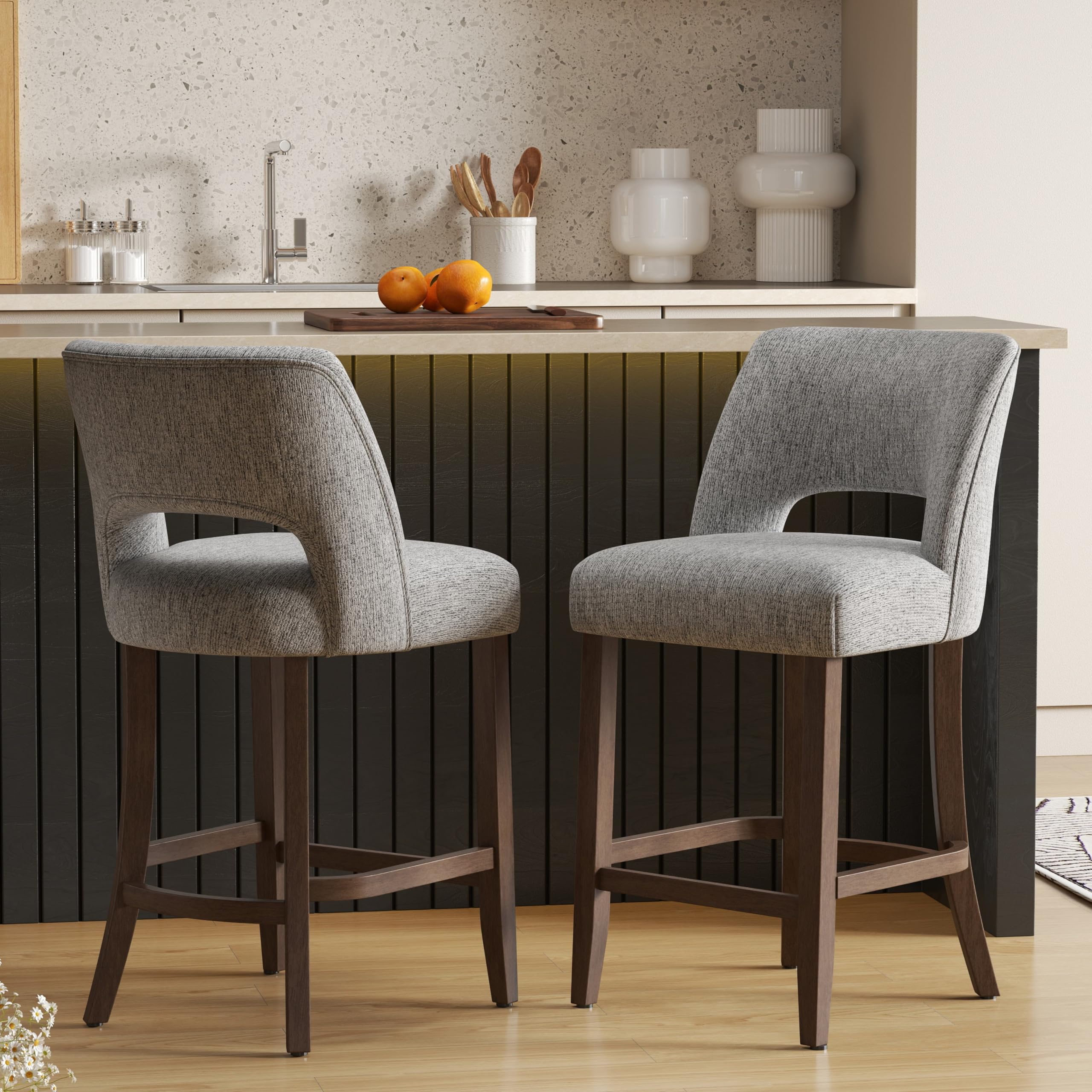 VKNOW Bar Stools Set of 4,Upholstered Counter Height Bar Stools,Modern Counter Stools with Wood Legs for Kitchen Island Dining Room Bar,Beige