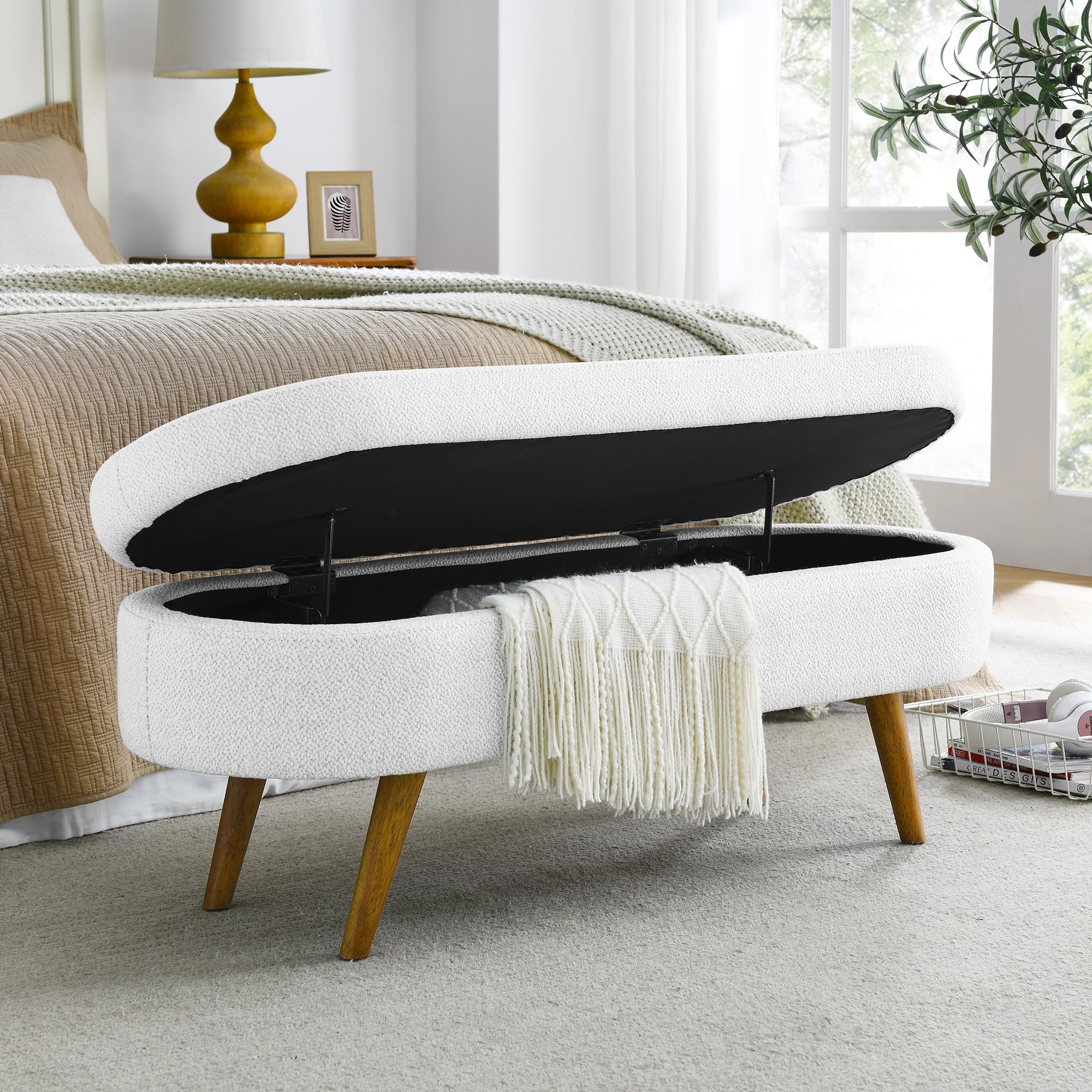 Oval Storage Bench 43.5" Linen Fabric Upholstered Entryway Bench with Solid Wood Legs Ottoman Bench Indoor Bench for Living Room/Bedroom/End of Bed/Entryway (Beige)