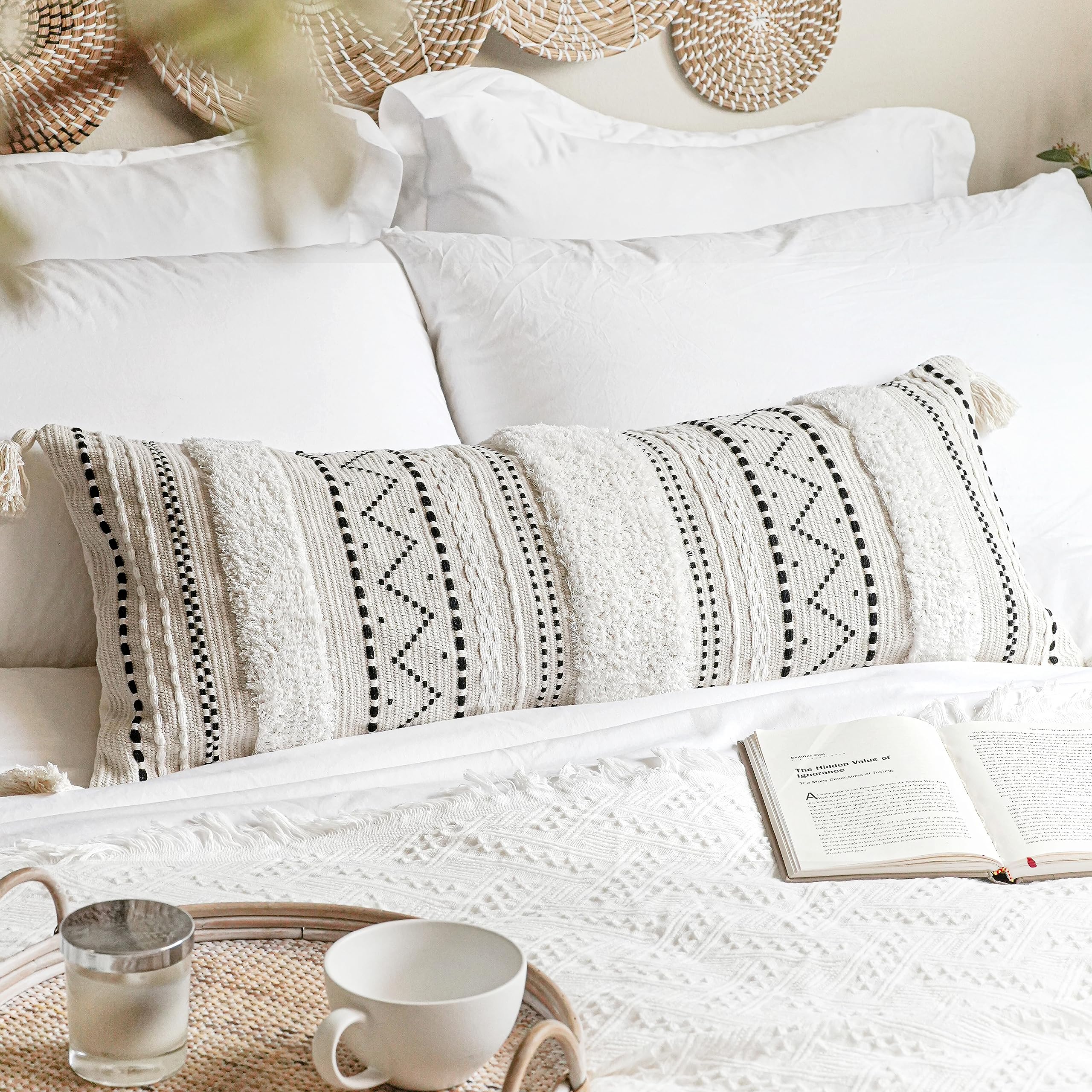 Cream Decorative Lumbar Throw Pillow Cover 14x36 Boho Long Cushion for Bed Neutral Accent Farmhouse Pillowcase for Bedroom Living Room Couch Sofa Home Décor (Cover ONLY, Pack of 1)